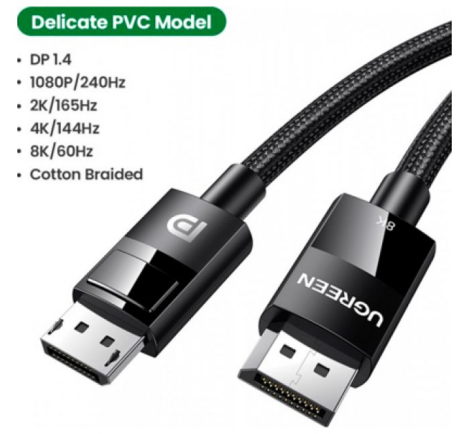 Ugreen Кабель мультимедійний DisplayPort M to DisplayPort M 1.0m V1.4 braided DP114 black Ugreen (80390)