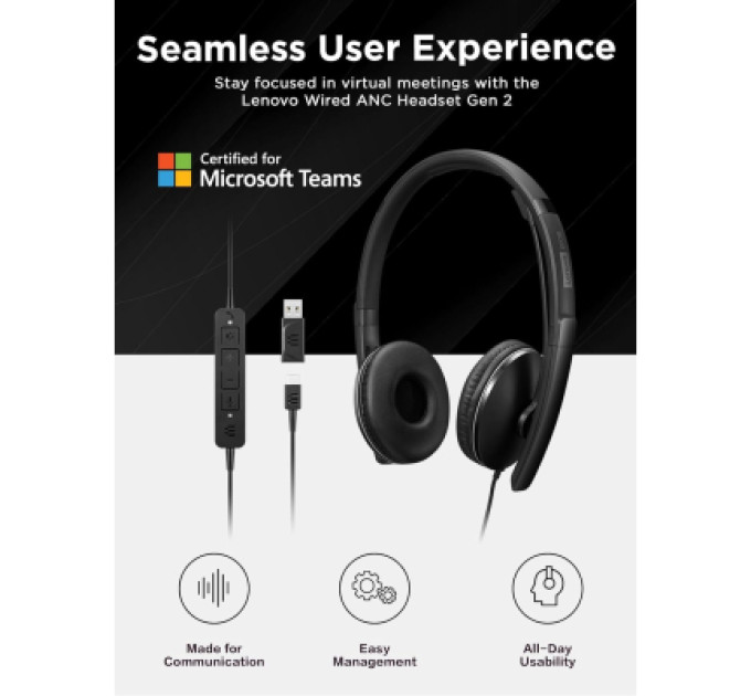Lenovo Навушники Lenovo Wired ANC Headset Gen 2 (Teams) Black (4XD1M45627)