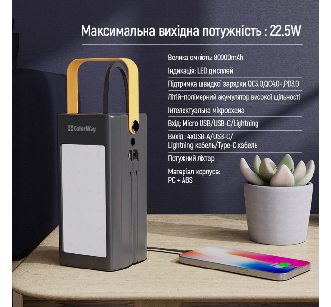 ColorWay Універсальна мобільна батарея ColorWay LCD/Lamp 80000mAh Black (CW-PB800LPA8BK-PDD)