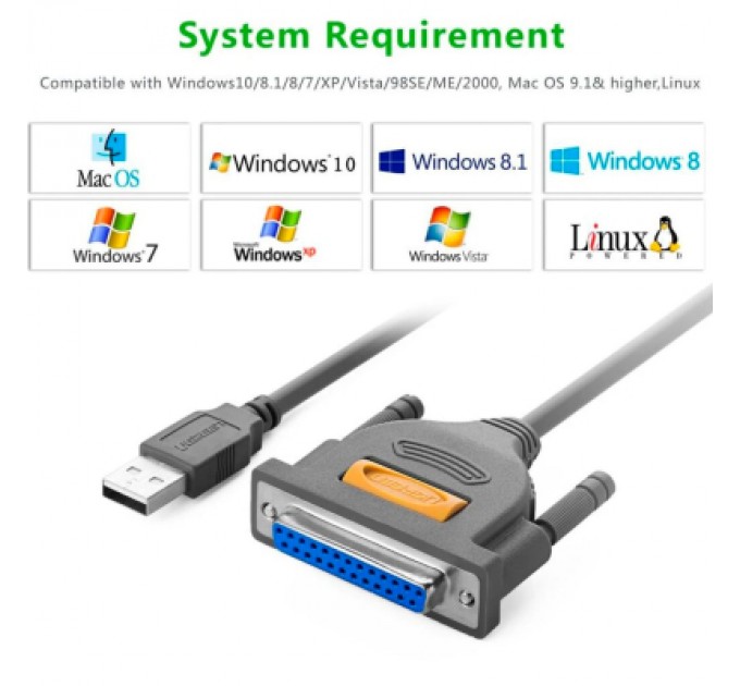 Ugreen Кабель для принтера USB 2.0 to DB25 2.0m US167 black Ugreen (20224)