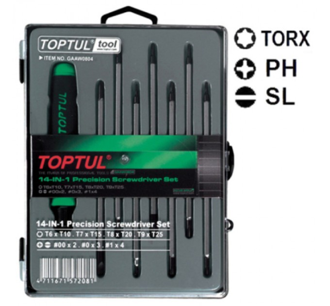 Toptul Набір викруток Toptul для точних робіт 14 в 1 (T5-T20,PH,SL) (GAAW0804)