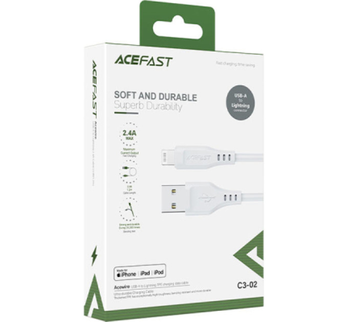 Acefast Дата кабель USB 2.0 AM to Lightning 1.2m 2.4A TPE C3-02 White Acefast (6974316280835)