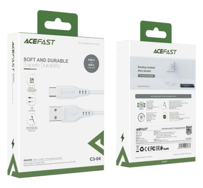 Acefast Дата кабель USB 2.0 AM to Type-C 1.2m 3.0A TPE C3-04 White Acefast (6974316280873)