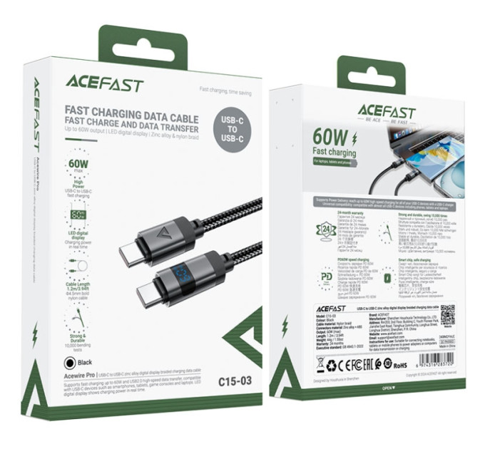 Acefast Дата кабель USB-C to USB-C 1.2m 60W digital display C15-03 Black Acefast (6974316283720)