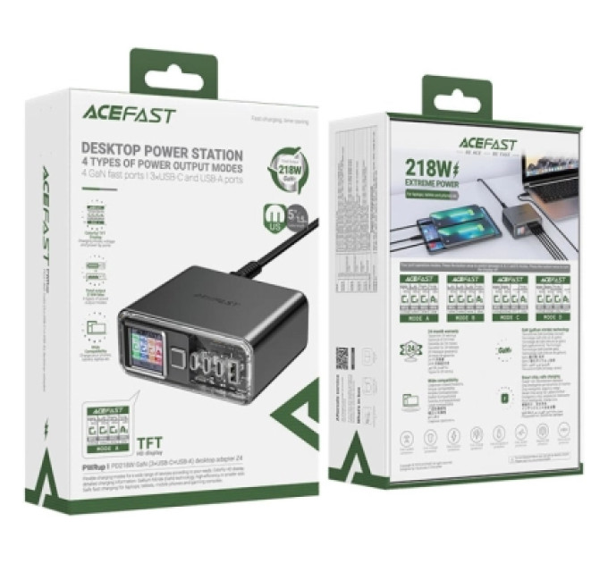 Acefast Зарядний пристрій Acefast 4xUSB 218W (3xUSB-C + USB-A) Gan Z4 Fast Charger (6974316282587)