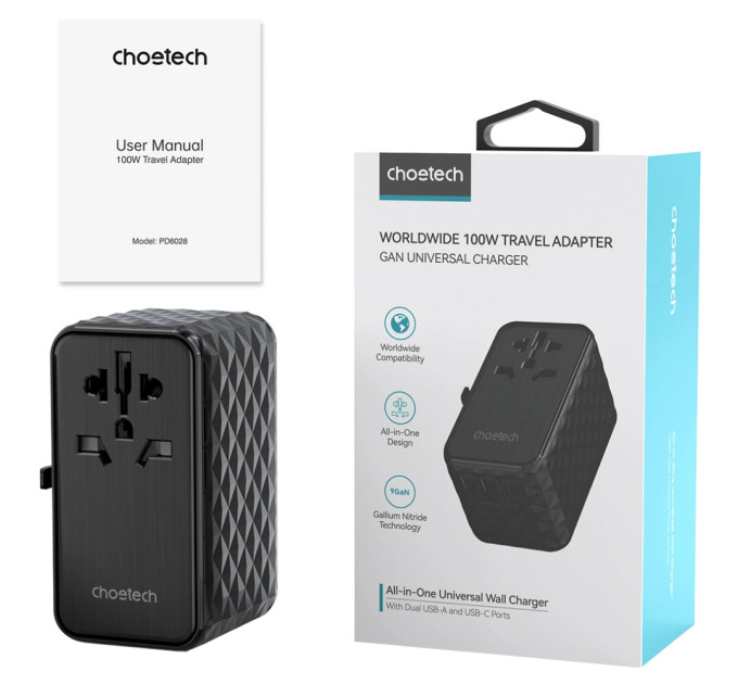 Choetech Зарядний пристрій Choetech 4xUSB 100W PD (2хUSB-C+2хUSB-A) сharger diamond model black (PD6028-BK)