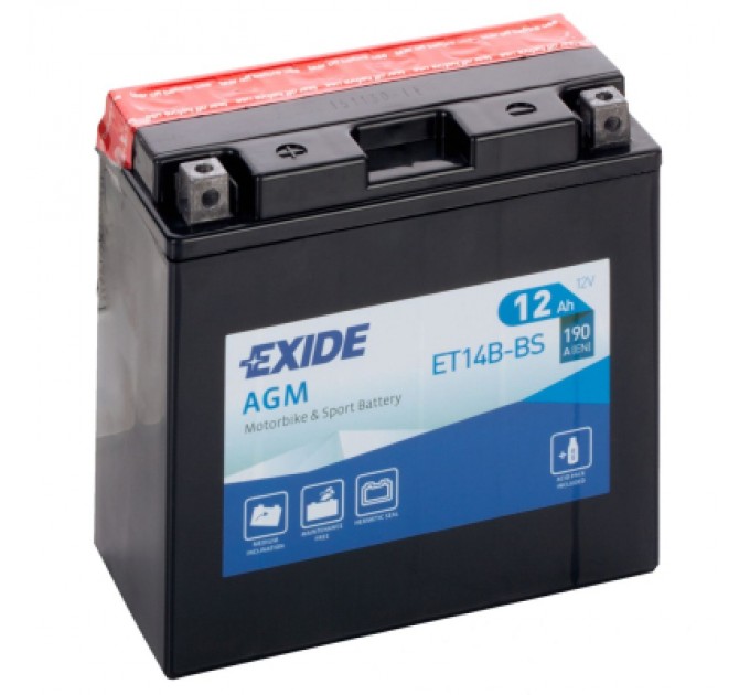 EXIDE Акумулятор автомобільний EXIDE Акумулятор Мото EXIDE AGM 12Ah (+/-) (190EN) (д150*ш70*в145) ET14B-BS (ET14B-BS)