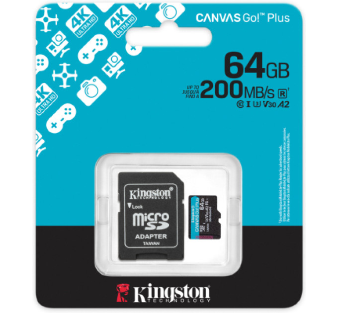 Kingston Карта пам'яті Kingston 64GB microSDXC сlass 10 UHS-I U3 V30 A2 Canvas Go Plus G4 (SDCG4/64GB)