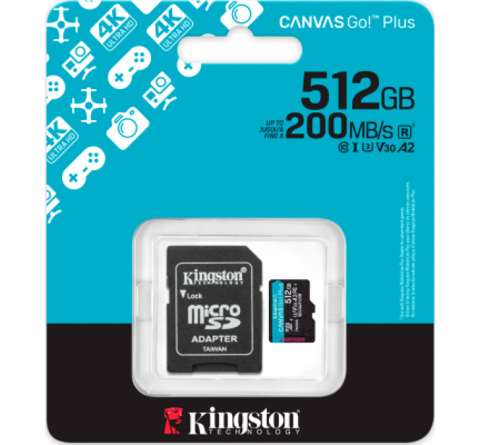 Kingston Карта пам'яті Kingston 512GB microSDXC сlass 10 UHS-I U3 V30 A2 Canvas Go Plus G4 (SDCG4/512GB)