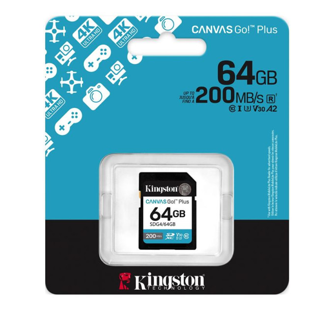 Kingston Карта пам'яті Kingston 64GB SDXC сlass 10 UHS-I U3 V30 Canvas Go Plus G4 (SDG4/64GB)