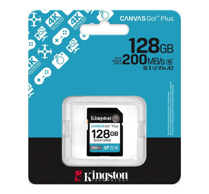 Kingston Карта пам'яті Kingston 128GB SDXC сlass 10 UHS-I U3 V30 Canvas Go Plus G4 (SDG4/128GB)