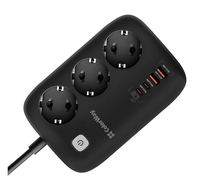 ColorWay Фільтр живлення ColorWay CW-CHE34PDB GaN3 Pro PD 65W (2USB-A + 2 TYPE-C) 3 розетки, 4 USB, 2 м, чорний