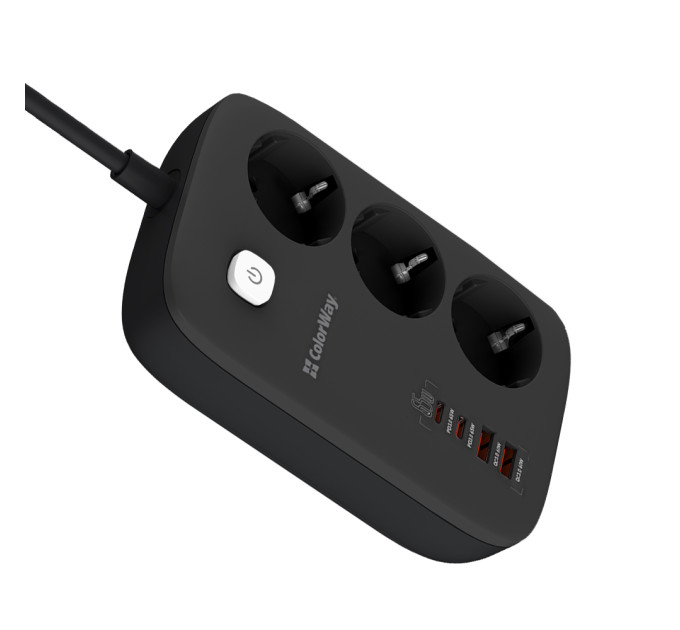 ColorWay Фільтр живлення ColorWay CW-CHE34PDB GaN3 Pro PD 65W (2USB-A + 2 TYPE-C) 3 розетки, 4 USB, 2 м, чорний