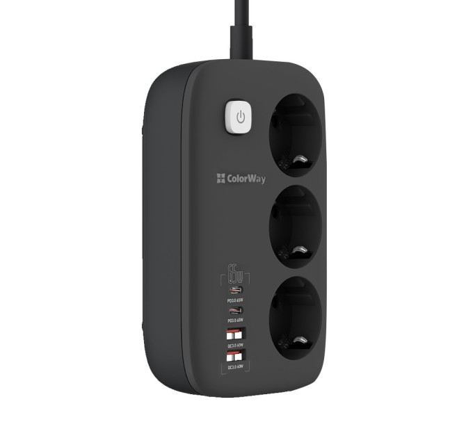 ColorWay Фільтр живлення ColorWay CW-CHE34PDB GaN3 Pro PD 65W (2USB-A + 2 TYPE-C) 3 розетки, 4 USB, 2 м, чорний