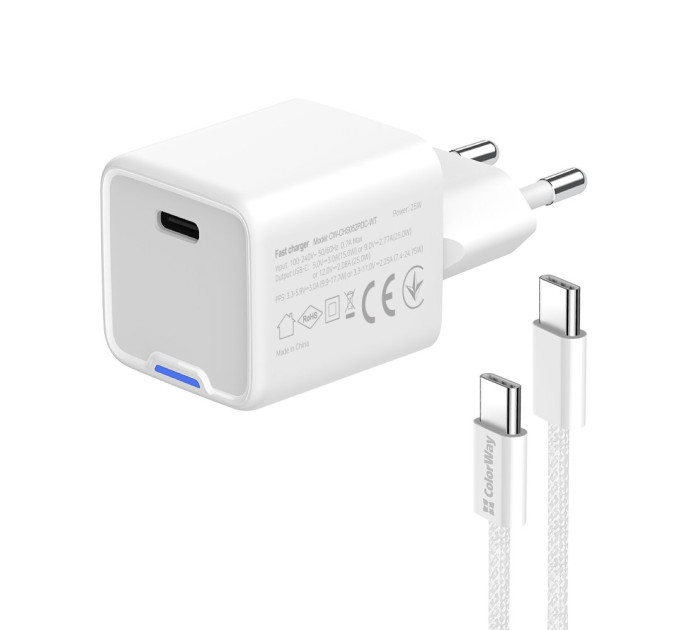 ColorWay Мережевий зарядний пристрій ColorWay GaN Mini 25W PD Port PPS USB-C White (CW-CHS052PDC-WT) + кабель USB Type-C