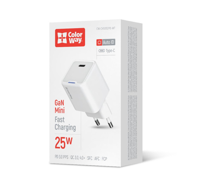 ColorWay Мережевий зарядний пристрій ColorWay GaN Mini 25W PD Port PPS USB-C White (CW-CHS052PD-WT)