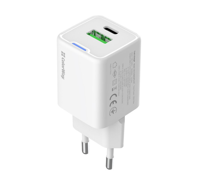 ColorWay Мережевий зарядний пристрій ColorWay GaN Mini 30W PD Port PPS USB (Type-C PD + USB QC4.0) White (CW-CHS053PD-WT)