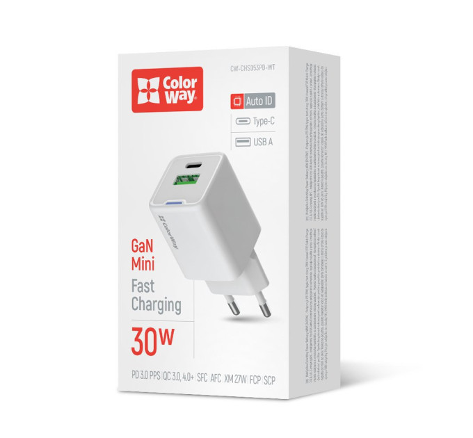 ColorWay Мережевий зарядний пристрій ColorWay GaN Mini 30W PD Port PPS USB (Type-C PD + USB QC4.0) White (CW-CHS053PD-WT)