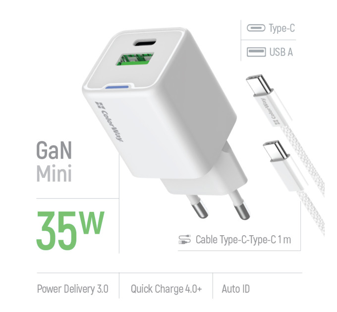 ColorWay Мережевий зарядний пристрій ColorWay GaN Mini 35W PD Port PPS USB (Type-C PD + USB QC4.0) White (CW-CHS055PDC-WT) + кабель USB Type-C