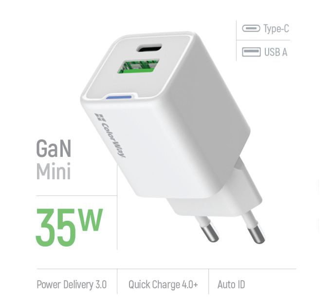 ColorWay Мережевий зарядний пристрій ColorWay GaN Mini 35W PD Port PPS USB (Type-C PD + USB QC4.0) White (CW-CHS055PD-WT)