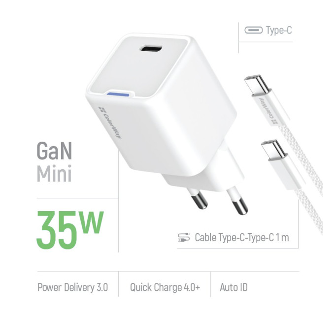 ColorWay Мережевий зарядний пристрій ColorWay GaN Mini 35W PD Port PPS USB-C White (CW-CHS056PDC-WT) + кабель USB Type-C