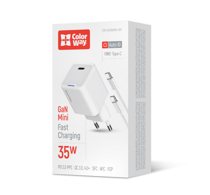 ColorWay Мережевий зарядний пристрій ColorWay GaN Mini 35W PD Port PPS USB-C White (CW-CHS056PDC-WT) + кабель USB Type-C