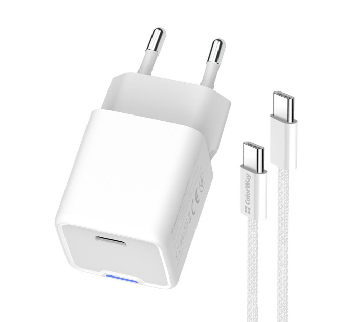 ColorWay Мережевий зарядний пристрій ColorWay GaN Mini 35W PD Port PPS USB-C White (CW-CHS056PDC-WT) + кабель USB Type-C