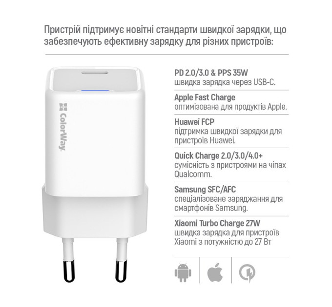 ColorWay Мережевий зарядний пристрій ColorWay GaN Mini 35W PD Port PPS USB-C White (CW-CHS056PDC-WT) + кабель USB Type-C