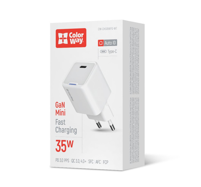 ColorWay Мережевий зарядний пристрій ColorWay GaN Mini 35W PD Port PPS USB-C White (CW-CHS056PD-WT)