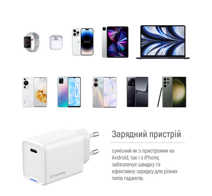 ColorWay Мережевий зарядний пристрій ColorWay GaN Mini 45W PD Port PPS USB-C White (CW-CHS057PD-WT)