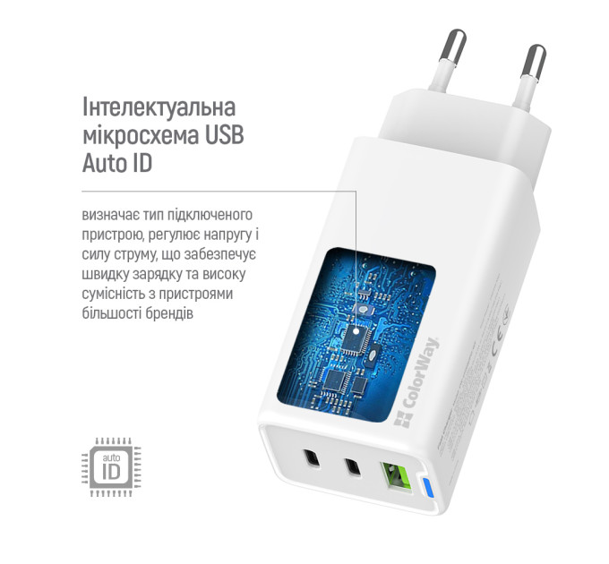 ColorWay Мережевий зарядний пристрій ColorWay GaN Mini 65W PD Port PPS USB (USB-2C1A) White (CW-CHS058PDCL-WT) + кабель Type-C&Lightning