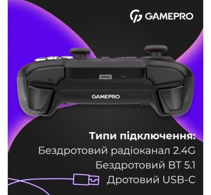 GamePro Геймпад GamePro із зарядною станцією BT 5.3/USB/2.4 ГГц (Switch/PC/iOS/Android) RGB Black (GPX13BDOC)