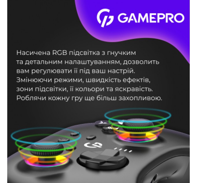 GamePro Геймпад GamePro із зарядною станцією BT 5.3/USB/2.4 ГГц (Switch/PC/iOS/Android) RGB Black (GPX13BDOC)