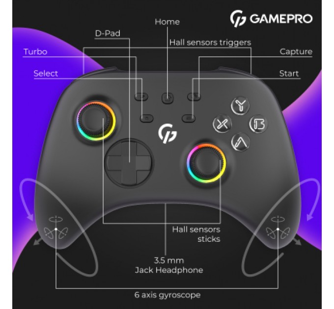 GamePro Геймпад GamePro із зарядною станцією BT 5.3/USB/2.4 ГГц (Switch/PC/iOS/Android) RGB Black (GPX13BDOC)