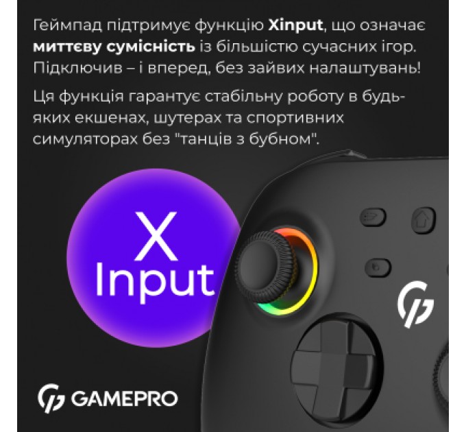 GamePro Геймпад GamePro із зарядною станцією BT 5.3/USB/2.4 ГГц (Switch/PC/iOS/Android) RGB Black (GPX13BDOC)