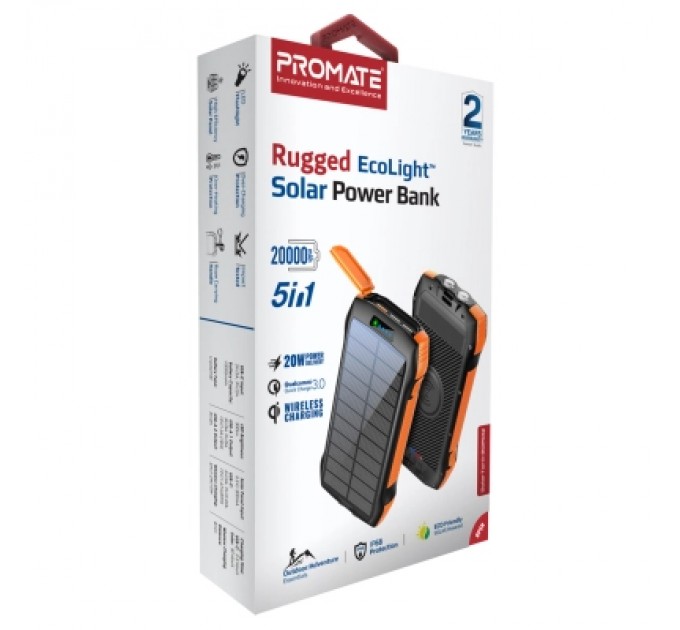 Promate Батарея універсальна Promate 20000mAh PD/20W, QC/3/0, Solar, QI, IP65 (solartank-20pdqi.black)