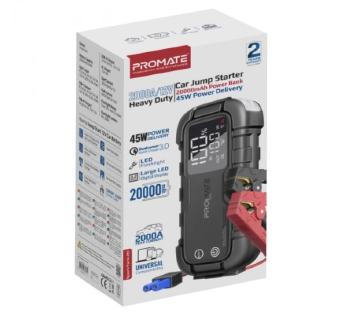 Promate Пуско зарядний пристрій Promate 20000mAh PD/45W, QC3.0, 2000A, Flashlight (sparktank-20)