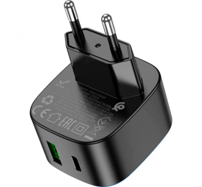HOCO Зарядний пристрій HOCO CS32A Rise 1xUSB-C PD20W + 1xUSB QC3.0 Black (6942007617451)