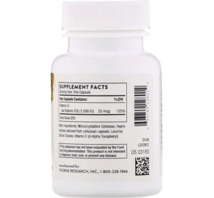 Thorne Research Вітамін Thorne Research Вітамін D3, 1000МЕ, 90 капсул (THR-12801)