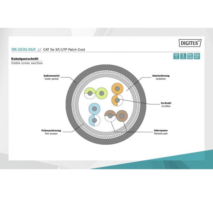 Assmann Патч-корд CAT 5e SF-UTP, Cu, PVC AWG 26/7, довжина 1 м, колір сірий DK-1531-010 DIGITUS by ASSMANN