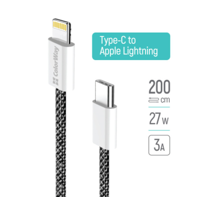 ColorWay Дата кабель USB-C to Lightning 2.0m (PDF Fast Charging 27W) black ColorWay (CW-CBPDCL068-BK)