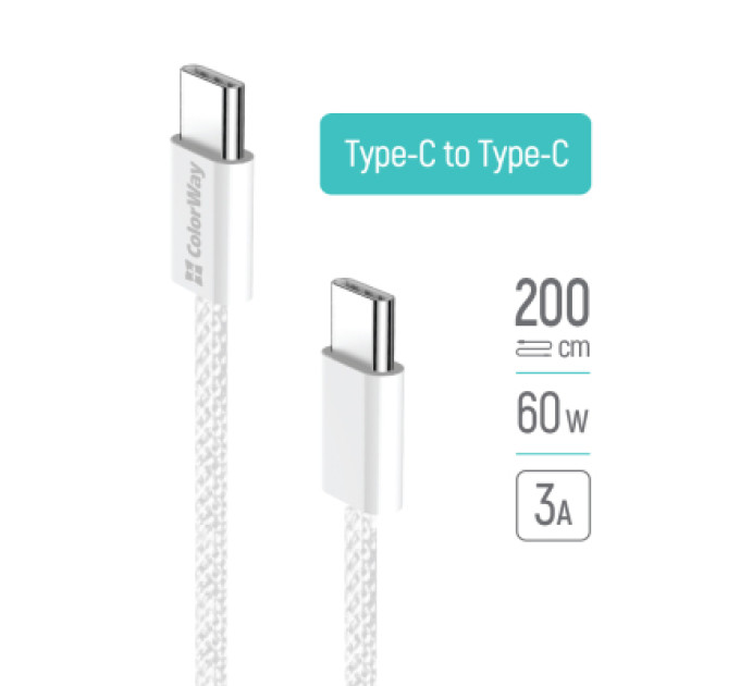 ColorWay Дата кабель USB-C to USB-C 2.0m (braided cotton) (PD Fast Charging 60W) 3.0А grey ColorWay (CW-CBPDCC068-GR)