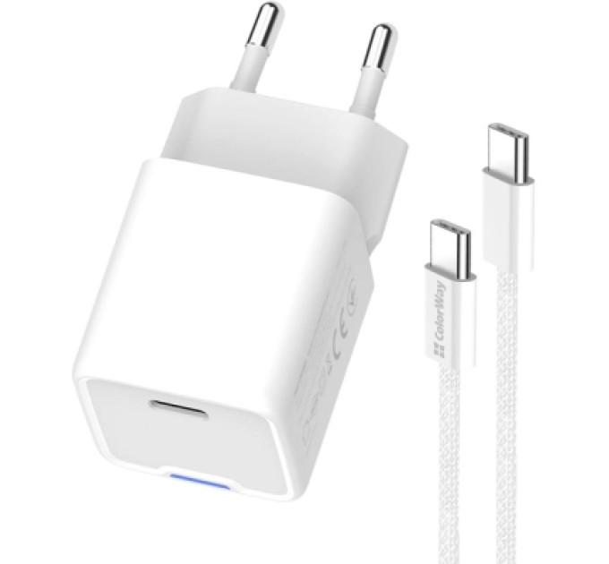 ColorWay Зарядний пристрій ColorWay GaN Mini 25W PD Port PPS USB-C white cable Type-C (CW-CHS052PDC-WT)