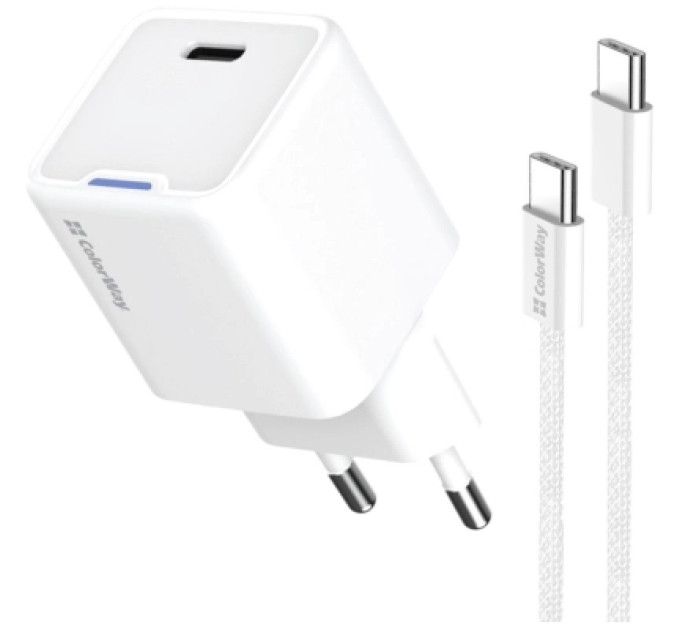 ColorWay Зарядний пристрій ColorWay GaN Mini 25W PD Port PPS USB-C white cable Type-C (CW-CHS052PDC-WT)