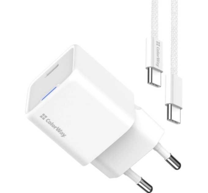 ColorWay Зарядний пристрій ColorWay GaN Mini 25W PD Port PPS USB-C white cable Type-C (CW-CHS052PDC-WT)