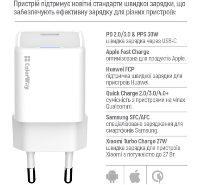 ColorWay Зарядний пристрій ColorWay GaN Mini 30W PD Port PPS USB-C white (CW-CHS054PD-WT)