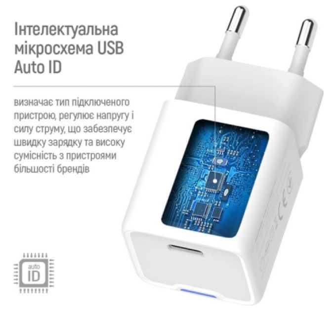ColorWay Зарядний пристрій ColorWay GaN Mini 30W PD Port PPS USB-C white + cable Type-C (CW-CHS054PDC-WT)