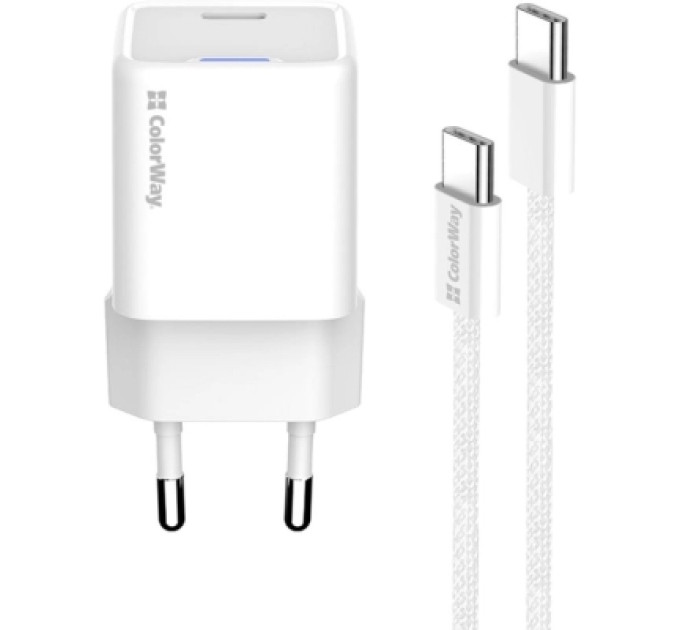ColorWay Зарядний пристрій ColorWay GaN Mini 30W PD Port PPS USB-C white + cable Type-C (CW-CHS054PDC-WT)