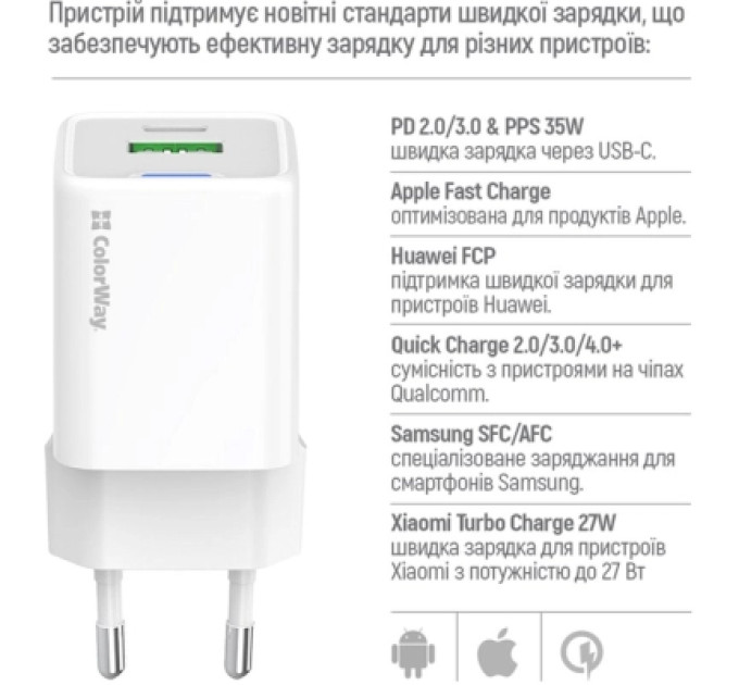 ColorWay Зарядний пристрій ColorWay GaN Mini 35W PD Port PPS USB (Type-C PD + USB QC4.0) cable Type-C (CW-CHS055PDC-WT)