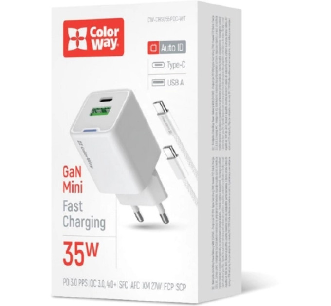 ColorWay Зарядний пристрій ColorWay GaN Mini 35W PD Port PPS USB (Type-C PD + USB QC4.0) cable Type-C (CW-CHS055PDC-WT)
